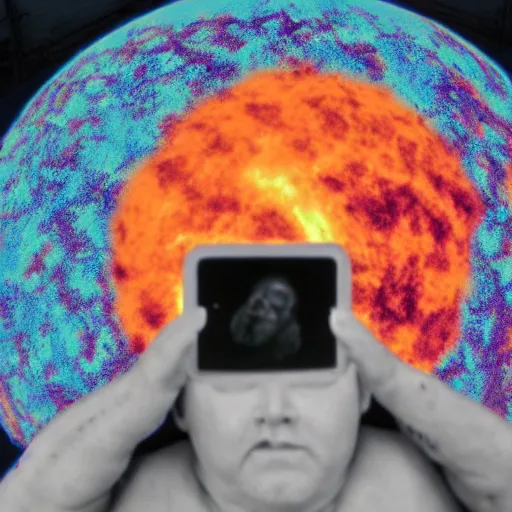 Prompt: selfie, radiation eats a ukrainian alive selfie a second before death, against the backdrop of a huge nuclear explosion from which the skin has already burned to the bone