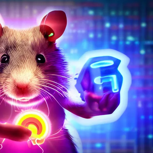 Prompt: cyberpunk hamster! holding rainbow! gem! crystal, neon lights, light reflection, 8 k, hd