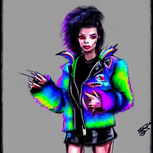 Image similar to wide angle full body, jacket wearing fluffy cute rainbow kitten wearing a black leather motorcycle jacket, cinematic concept art