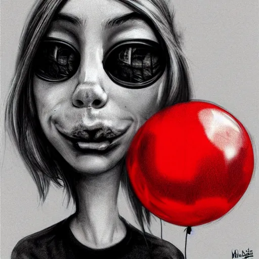 Image similar to surrealism grunge cartoon portrait sketch of billie eilish with a wide smile and a red balloon by - michael karcz, loony toons style, wall-e style, horror theme, detailed, elegant, intricate