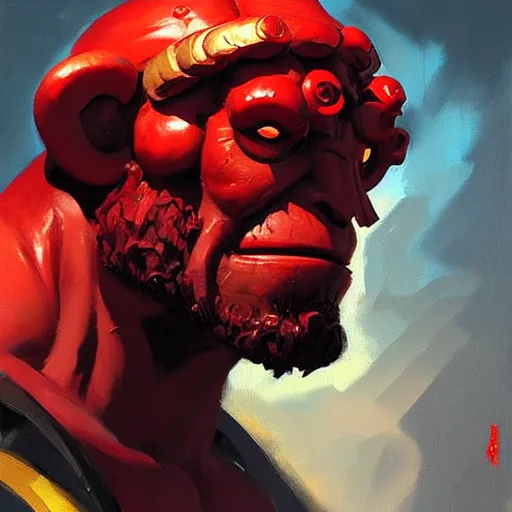 Image similar to greg manchess portrait painting of hellboy as overwatch character, medium shot, asymmetrical, profile picture, organic painting, sunny day, matte painting, bold shapes, hard edges, street art, trending on artstation, by huang guangjian and gil elvgren and sachin teng