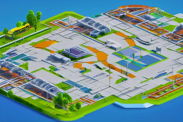 Image similar to isometric view of a futuristic high - tech sky arena inspired by modern skate parks and modern chinese playgrounds in the style of mario 3 d world, day