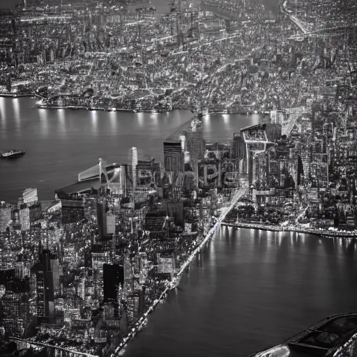 Image similar to isometric aerial view of Manhattan at dusk, infrared film