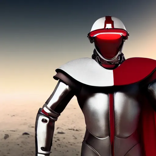 Image similar to portrait of a tall athletic muscular infantry man in glossy sleek white armor with tiny red details and a long red cape, heroic posture, on the surface of mars, night time, dramatic lighting, cinematic, sci-fi, hyperrealistic, godrays, diffused lighting, movie still