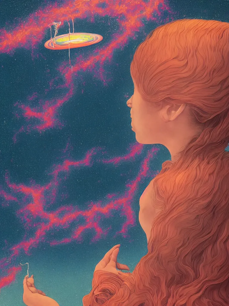 Image similar to a closeup hyperrealistic portrait of a young siberian woman with intricate details, floating in space and dreaming psychedelic hallucinations in the vast icy landscape of antarctica, volcano lava drips in antigravity of the cosmos by kawase hasui, moebius and edward hopper, colorful flat surreal design, hd, 8 k, artstation