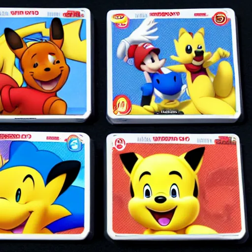 Image similar to photograph of winnie the pooh and super mario and sonic the hedgehog anime style, on pokemon card packs at target