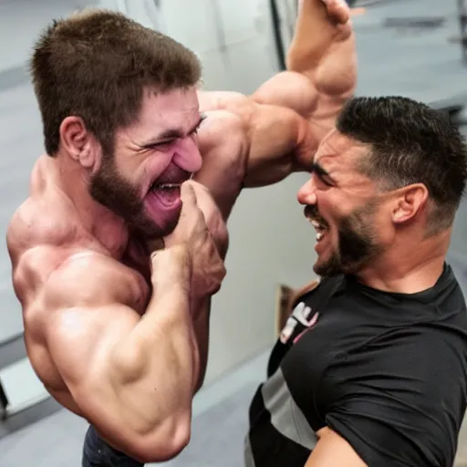Prompt: Buff dude laughing while being punched by a skinny weak dude.