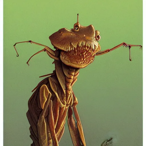 Image similar to anthropomorphic bipedal brown mantis, flat pancake head, against dark background, fluid, smooth, organic, crazy, high contrast, sharpness, dramatic, by greg rutkowski and siudmak and richard corben and moebius