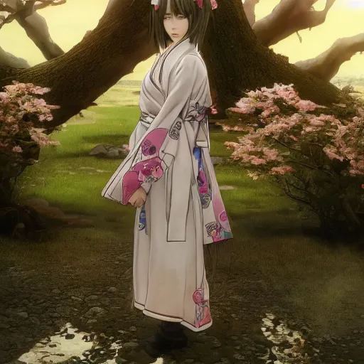 Image similar to side portrait of a girl walking, sakura tree in background, yukata clothing, battlefield in background, anime style, hair down, symmetrical facial features, from arknights, hyper realistic, 4 k, extreme detail, detailed drawing, trending artstation, realistic lighting, by alphonse mucha, greg rutkowski, sharp focus, backlit