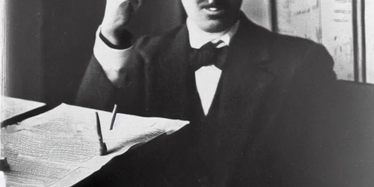 Prompt: an old black and white portrait photo of Fernando Pessoa at a table inside a cafe composing an astrological chart