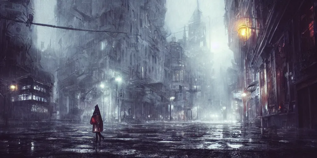 Image similar to a cold and melancholic city in a dark cavern, rainy and gloomy atmosphere, fantasy digital art, octane render, beautiful composition, trending on artstation, award - winning photograph, masterpiece