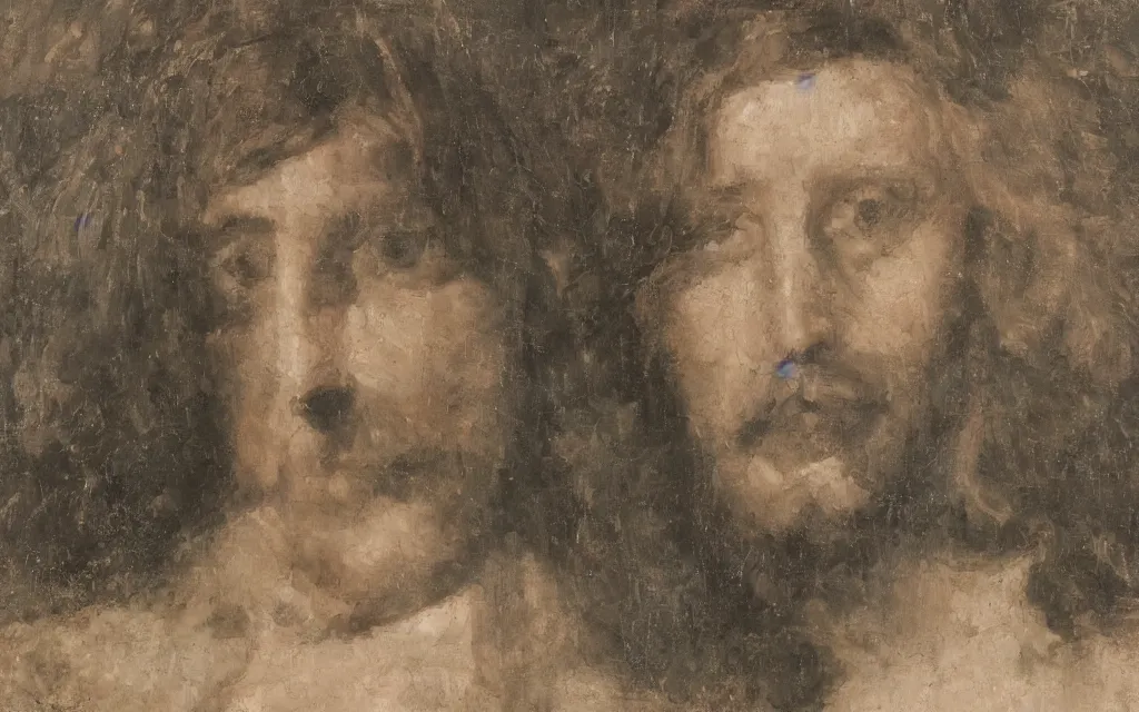 Image similar to bill gates with long hair, portrait like the monalisa by leonardo da vinci, oil painting, dramatic, slight smile