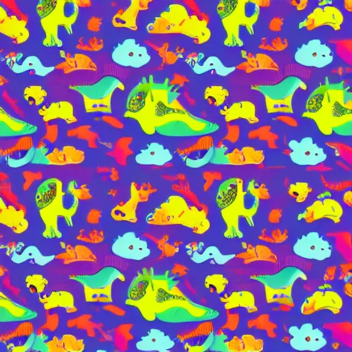 Image similar to a colourful dinosaur pattern in the style of murakami