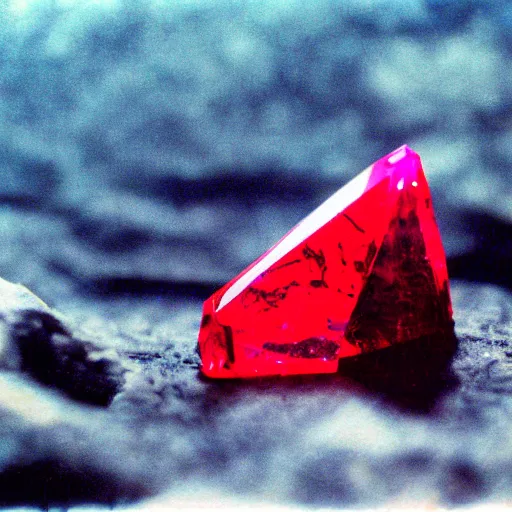 Image similar to a deep red, glowing crystal on a rock, 8 mm film footage