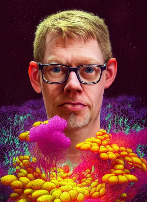 Image similar to hyper detailed 3d render like a Oil painting - friendly professional portrait of author Hank Green in Aurora seen Eating of the Strangling network of yellowcake aerochrome and milky Fruit and Her delicate Hands hold of gossamer polyp blossoms bring iridescent fungal flowers whose spores black the foolish stars by Jacek Yerka, Mariusz Lewandowski, Houdini algorithmic generative render, Abstract brush strokes, Masterpiece, Edward Hopper and James Gilleard, Zdzislaw Beksinski, Wolfgang Lettl, hints of Yayoi Kasuma, octane render, 8k