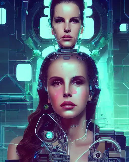 Prompt: portrait of lana del rey as a cyberpunk cyborg. roses, sci - fi, missing panels, intricate abstract upper body intricate artwork, by tooth wu, wlop, beeple, dan mumford. concept art, octane render, deviantart, greg rutkowski, cinematic, key art, hyperrealism, iridescent accents