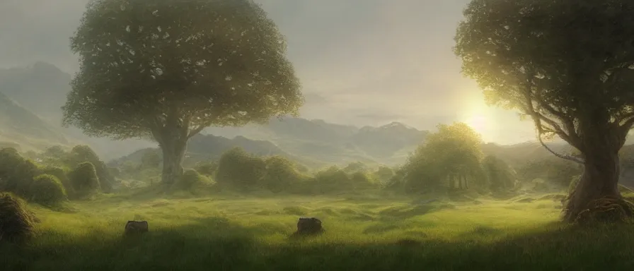 Image similar to Shire in the morning, detailed matte painting, cinematic, Alan Lee, Artstation