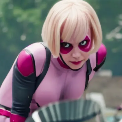 Prompt: A still of Gwenpool in Deadpool 3 (2023), no mask or eyeshadow, blonde hair with pink highlights