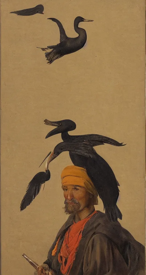 Image similar to orientalist portrait painting of a fisherman with a cormorant on his shoulder, in romantic style, sfumato