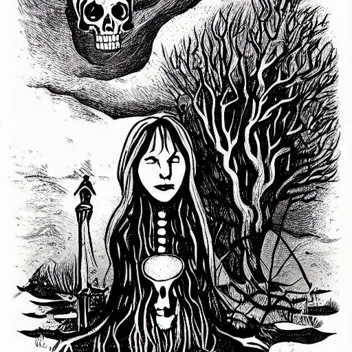 Prompt: silent dreaming of the dead, folk horror illustration