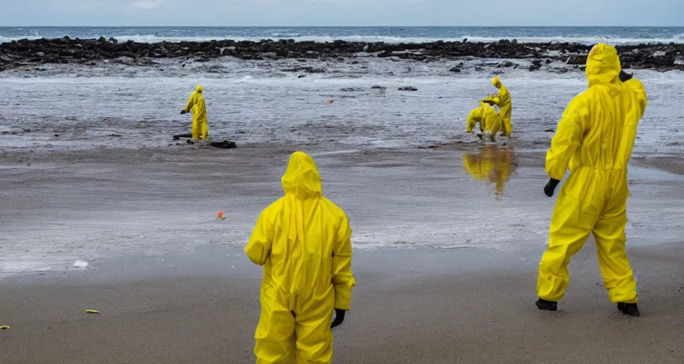 Image similar to Professional Photography, long shot, People in yellow chemical hazmat suits are investigating a huge creepy creature washed up on the beach.