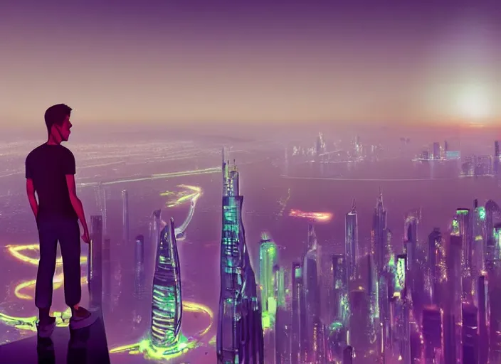 Image similar to closeup of a man [ standing on the pinnacle of the burj khalifa ]!!, holding a camera, viewing out into a [ futuristic cityscape ]!!, dusk atmosphere, digital art illustrated by max hay and greg rutkowski, [ 8 0 s neon art style ]!!, neon wallpaper!!, golden ratio!!, centered!!