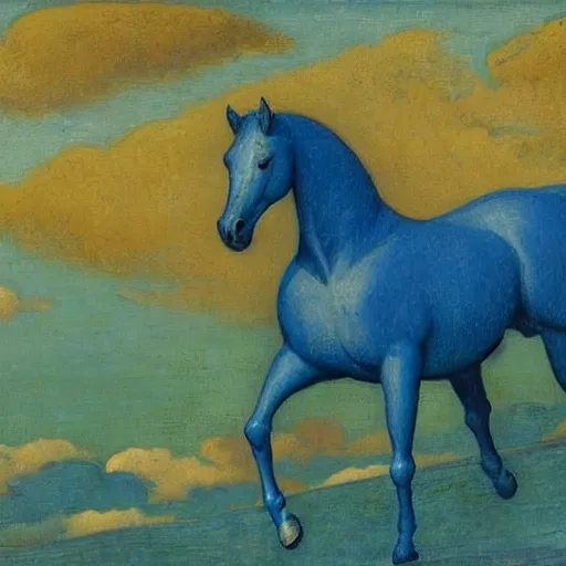 Image similar to A beautiful sculpture of a horse. The horse is shown running through a field with a flowing mane and tail. The background is a peaceful blue sky. Bondi blue by Paul Ranson, by Thomas Benjamin Kennington emotive, quiet