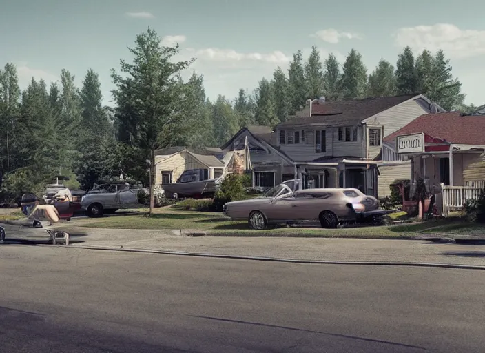 Prompt: a detailed photographic render of an american suburb by gregory crewdson, photoreal, 4 k