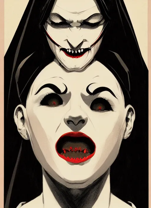 Image similar to scary female vampire nun, symmetrical face, evil grin, nun outfit, portrait size, cinematic, dramatic, super detailed and intricate, by koson ohara, by darwyn cooke, by greg rutkowski, by satoshi kon