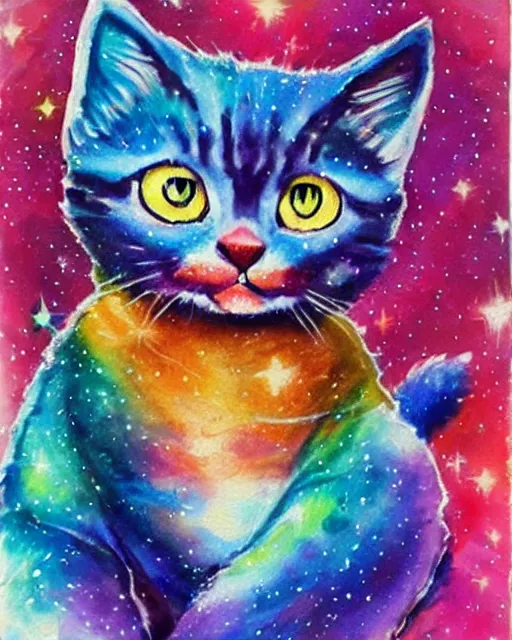 Image similar to cute galactic space kittens, painted in bright water colors