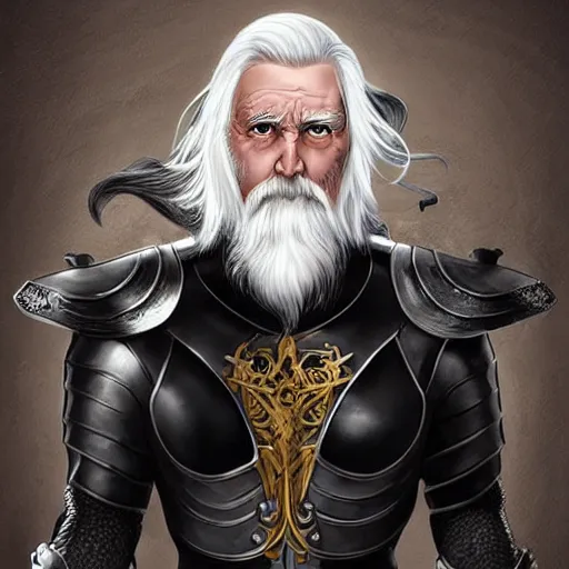 Prompt: an 8 0 year old man with long white hair and a white beard poses in his black armor and sword, art by artgerm