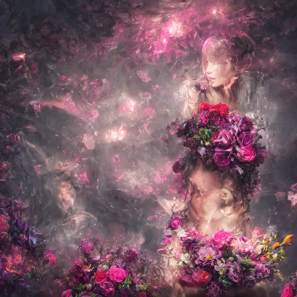 Prompt: oil painting, rich deep colors masterpiece, gray, pink, ultra detailed, beautiful fantasy cave scene, contrast, firefly lights, neon drops and water jets, rocks, redheaded flower girl and dress made of fresh flowers, roses, lilies, volumetric light, neon signs, atmospheric lighting, dramatic, cinematic, steampunk, moody, octane render 4 k, 8 k