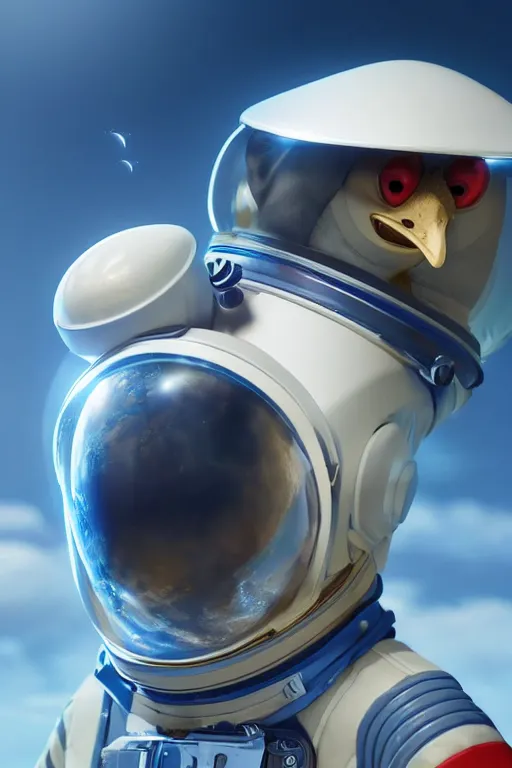 Image similar to a chicken wearing a astronaut suit in a alien planet, profile picture, digital art, concept art, trending on DeviantArt, highly detailed, high quality, 4K, cartoon, high coherence, path traced, blue sky in the background, octane render, digital painting, no helmet, masterpiece