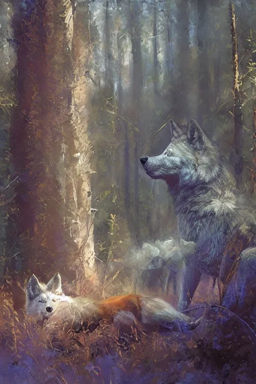 Image similar to spiritual twin flame wolf art, forest hue, highly detailed, oil painting, by craig mullins