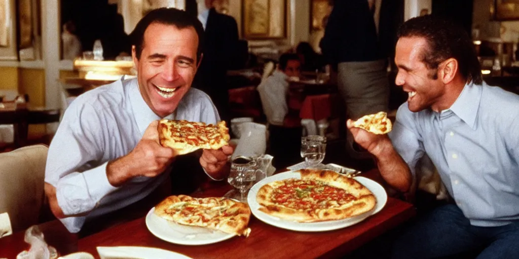 Prompt: color film of joe biden eating pizza in an italian restaurant 1 9 9 4 im the film of forest gump, grinning, close up, detailed