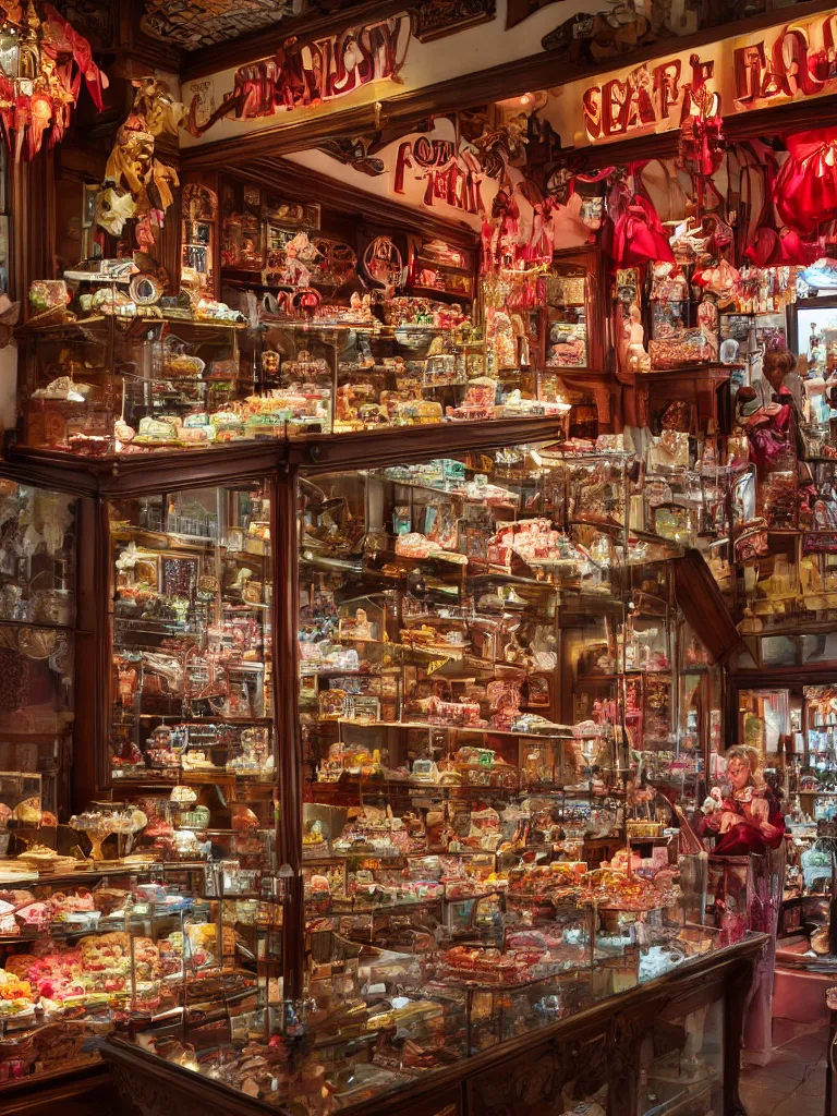 Prompt: Inside a beautiful old fashioned sweet shop, fantasy vendor interior, wide angle, cinematic shot, highly detailed, cinematic lighting , photo-realistic