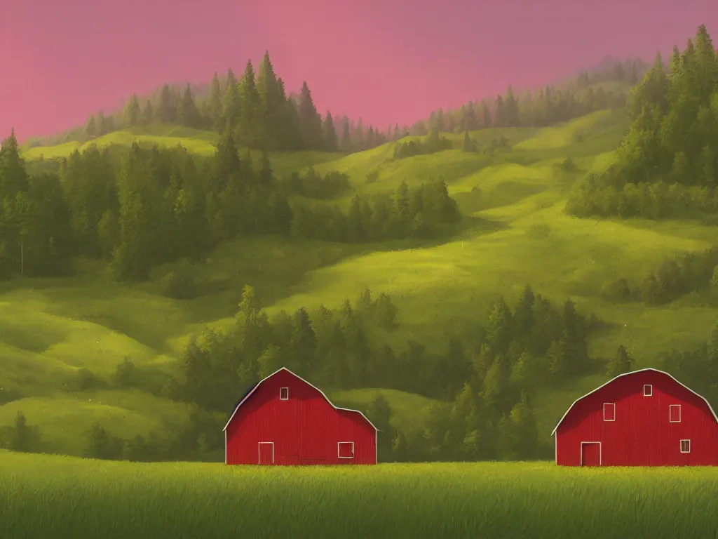 Image similar to An isolated red barn in a lush valley at noon. Simon Stalenhag, highly detailed.