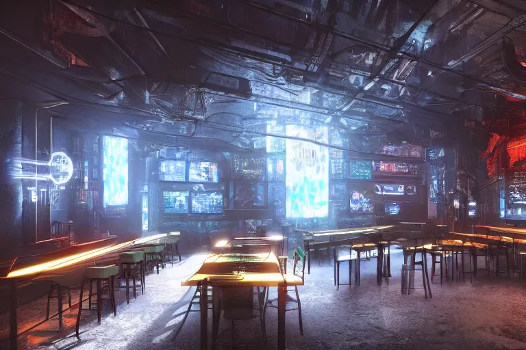 Image similar to ultra mega super hyper realistic Digital concept interior design of cyberpunk tavern with stone walls and neon lights, a lot of electronics, many details in style of Hiromasa Ogura. Natural white sunlight from the transperient roof. Rendered in VRAY and DaVinci Resolve and MAXWELL and LUMION 3D, Volumetric natural light