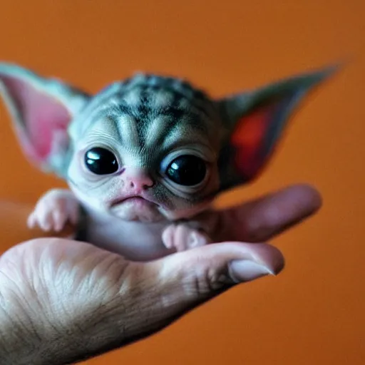 Image similar to a tiny pigmy baby yoda-kitten hybrid in the palm of a person's hand, super cute