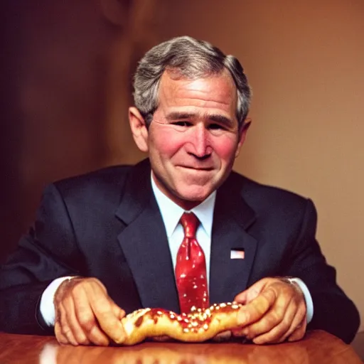 Image similar to George W. Bush sorrowfully beholds a single pretzel. CineStill.