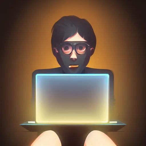 Image similar to computer nerd sitting in front of laptop computer, computer glow on face :: full body character concept art, trending on artstation, symmetrical, symmetrical eyes, detailed, professional, 2 point studio lighting