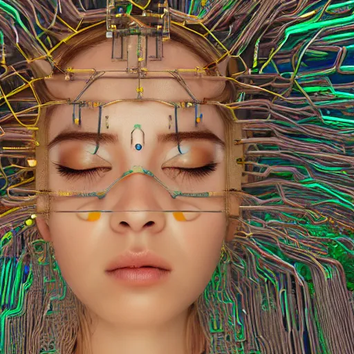 Image similar to piles of modular synth cables mixed with mangrove roots, kawaii puerto rican goddess staring through your soul wearing a headpiece made of circuit boards, by makoto shinkai, masamune, and stanley kubrick, unique perspective, eastman color, trending on artstation, cinematic, 3 d render, photorealistic