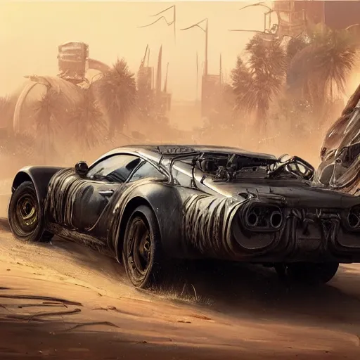 Image similar to full view of a car, intricate, elegant, highly detailed, digital painting, concept art, smooth, sharp focus, art style from Wang Ke and Greg Rutkowski and Bruce Kaiser and Scott Robertson and Dmitry Mazurkevich and Doruk Erdem and Jon Sibal, small style cue from Blade Runner and Mad Max