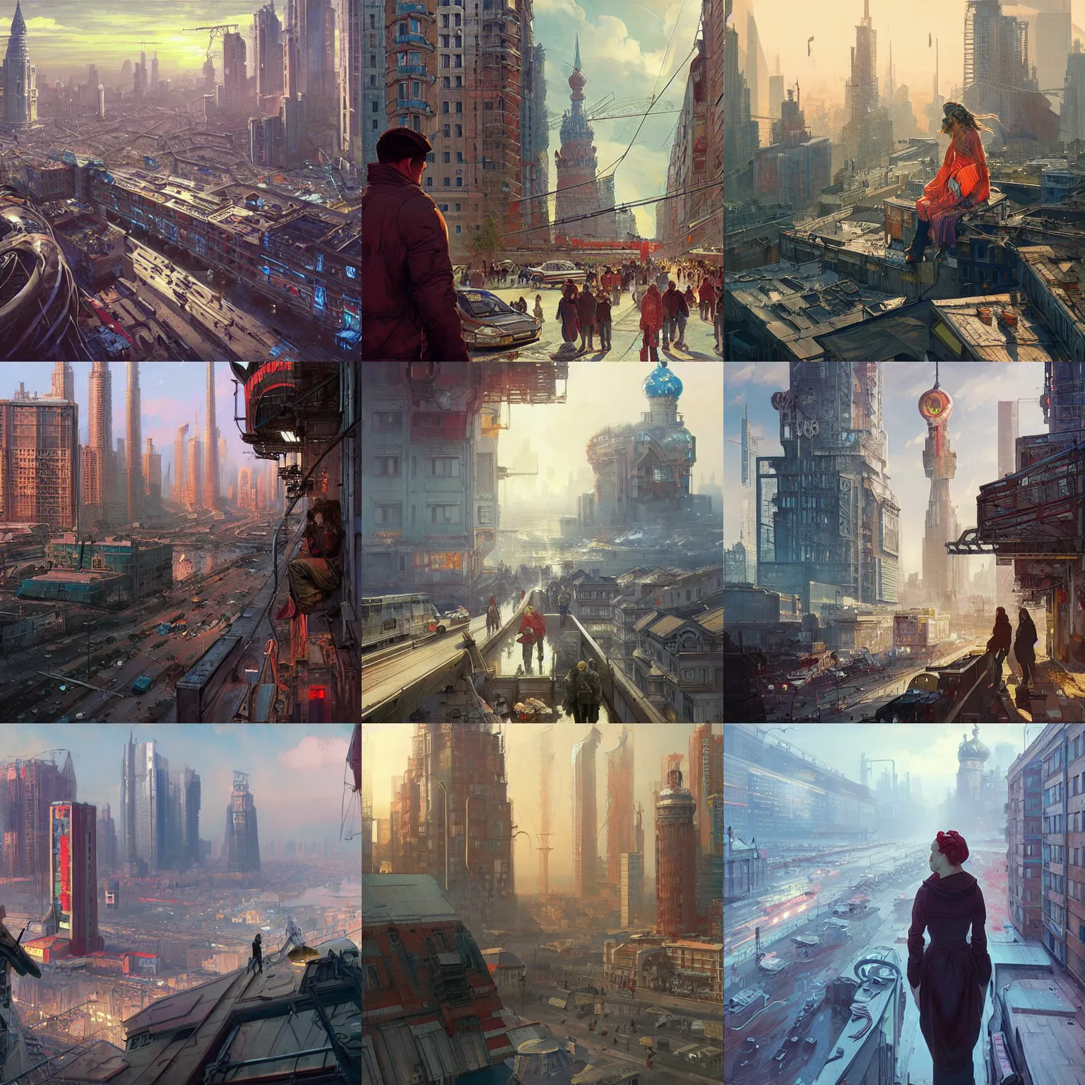 Prompt: russian city, bright future, social realism, view from the eyes, soviet cyberpunk, a lot of people, highly detailed, digital painting, artstation, concept art, matte, sharp focus, illustration, art by artgerm and greg rutkowski and alphonse mucha