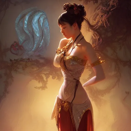 Image similar to full body portrait of asian beautiful girl, d & d, fantasy, intricate, elegant, highly detailed, digital painting, artstation, concept art, smooth, sharp focus, illustration, cinematic dramatic atmosphere, volumetric lighting, smooth, highly detailed, art by artgerm and greg rutkowski and alphonse mucha