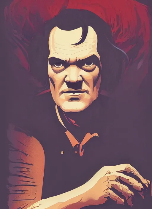 Image similar to poster artwork by Michael Whelan and Tomer Hanuka, Karol Bak of portrait of Quentin Tarantino the local video store kerk, from scene from Twin Peaks, clean, simple illustration, nostalgic, domestic, full of details