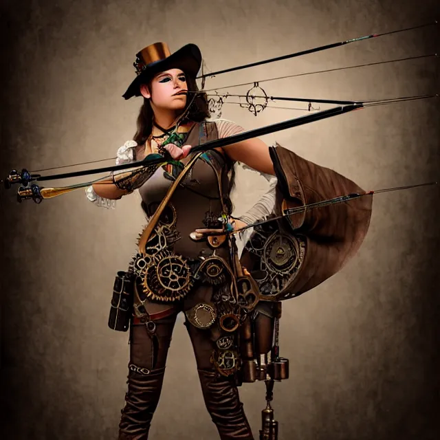 Prompt: steampunk archer, 4 k, hdr, smooth, sharp focus, high resolution, award - winning photo, anne stokes, photorealistic