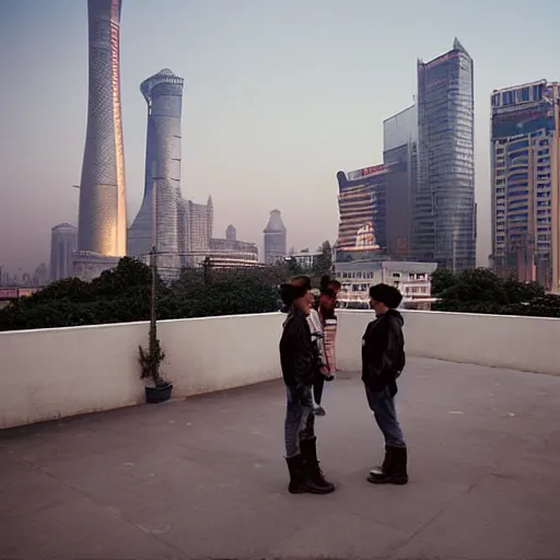 Image similar to a small rooftop with a couple of modern teenagers wearing cowboy boots and dr martens standing and talking to each other, wearing black modern clothes, modern shanghai bund is on the background, sunset, by gregory crewdson