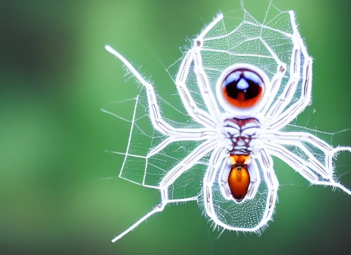 Prompt: super macro of a clear transparent white glass crystal spider with big eyes sitting on a flower, in the forest. Fantasy magic style. Highly detailed 8k. Intricate. Nikon d850 300mm. Award winning photography.