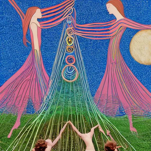 Image similar to The land art is a beautiful work of art. The three graces are depicted as beautiful young women, each with their own unique charms. The land art is full of color and life, and the women seem to radiate happiness and joy. Mesozoic, Ancient Roman by Noelle Stevenson jaunty